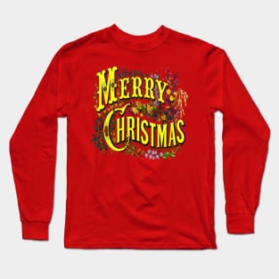 Vintage Style Merry Christmas Holiday Greeting Vector Art Long Sleeve T-Shirt